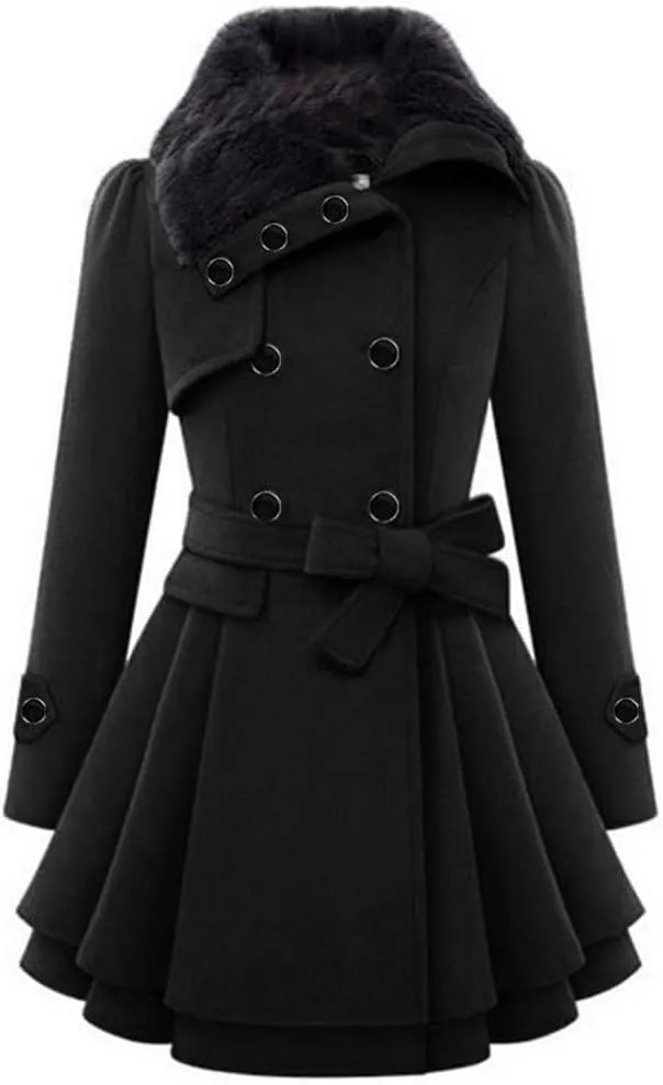 SACFOF Women's Faux Fur Lapel Double Breasted Thick Wool Trench Pea Coat Long Sleeve Winter Warm Jacket with Belt