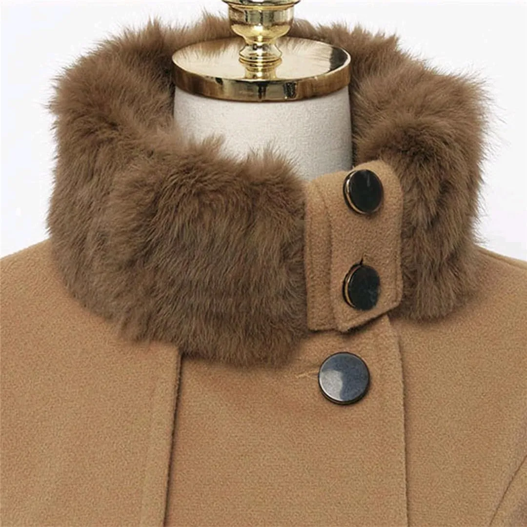SACFOF Women's Faux Fur Lapel Double Breasted Thick Wool Trench Pea Coat Long Sleeve Winter Warm Jacket with Belt