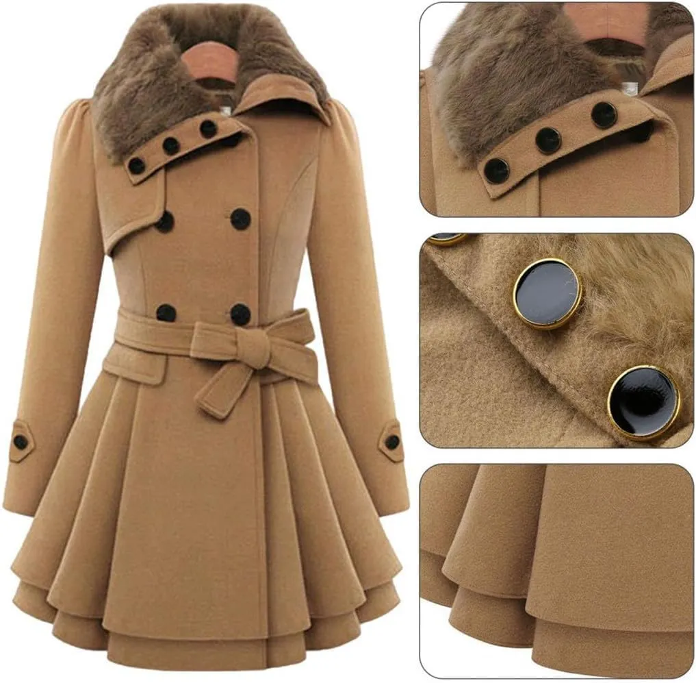 SACFOF Women's Faux Fur Lapel Double Breasted Thick Wool Trench Pea Coat Long Sleeve Winter Warm Jacket with Belt