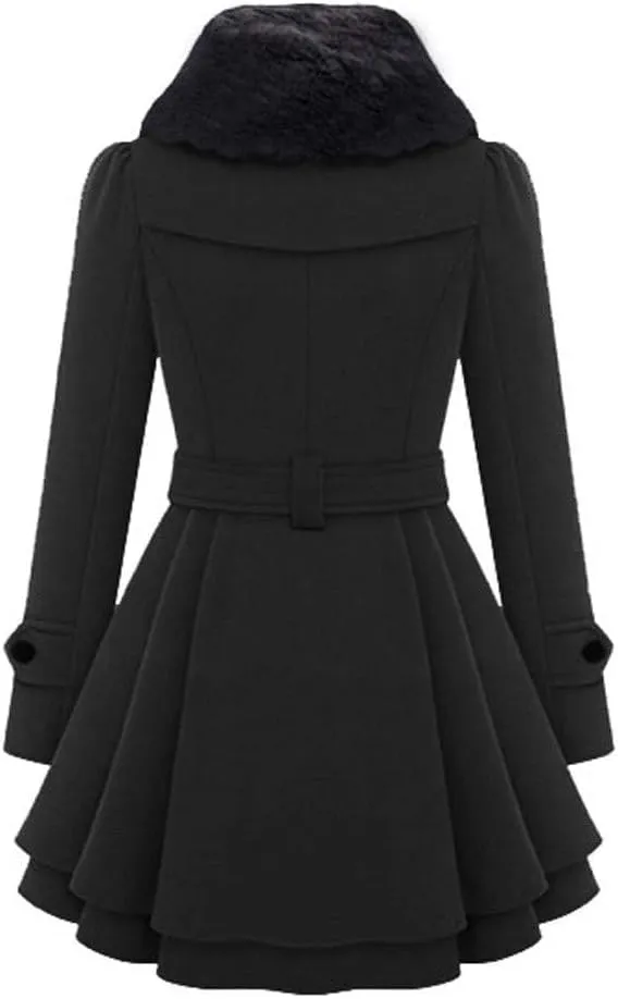 SACFOF Women's Faux Fur Lapel Double Breasted Thick Wool Trench Pea Coat Long Sleeve Winter Warm Jacket with Belt