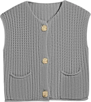 Saodimallsu Womens Sleeveless Cropped Sweater Vest Crochet Chunky Knit Button Down Cardigan Vests Tops with Pockets