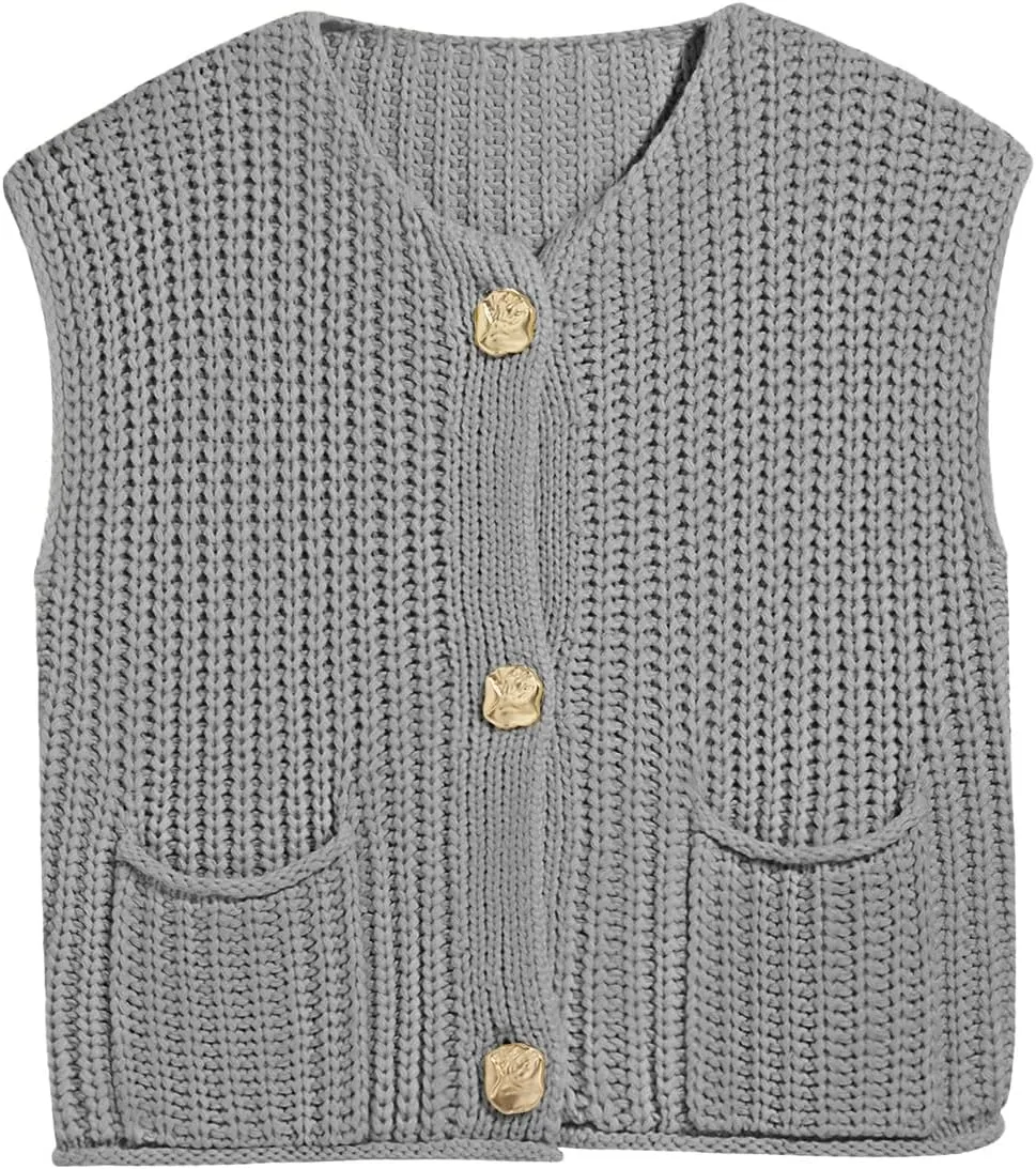 Saodimallsu Womens Sleeveless Cropped Sweater Vest Crochet Chunky Knit Button Down Cardigan Vests Tops with Pockets
