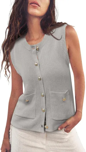 Saodimallsu Womens Summer Cropped Sweater Vest Sleeveless Button Ribbed Knit Crew Neck Cardigan Vests Top with Pockets