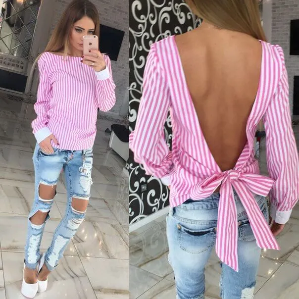 Scoop Striped Long Sleeves Straps Open Back Regular T-shirt