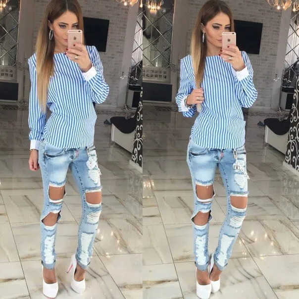Scoop Striped Long Sleeves Straps Open Back Regular T-shirt