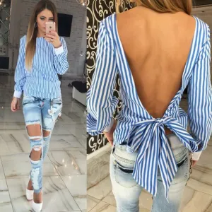 Scoop Striped Long Sleeves Straps Open Back Regular T-shirt