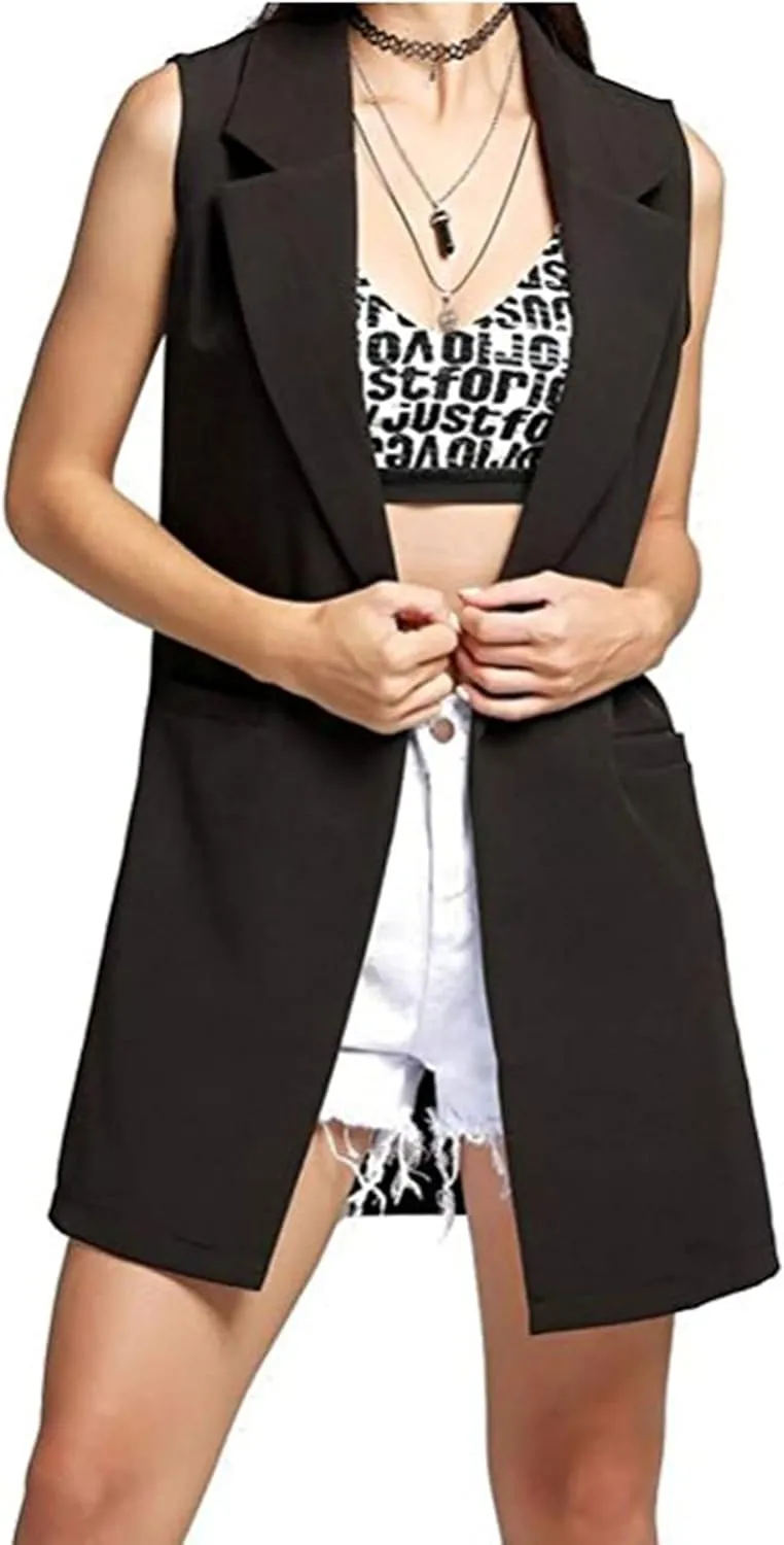 SCUSTY Women's Sleeveless Cardigan Vest Casual Long Open Front Office Blazer Jacket