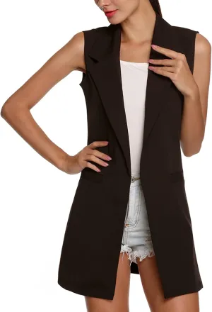 SCUSTY Women's Sleeveless Cardigan Vest Casual Long Open Front Office Blazer Jacket