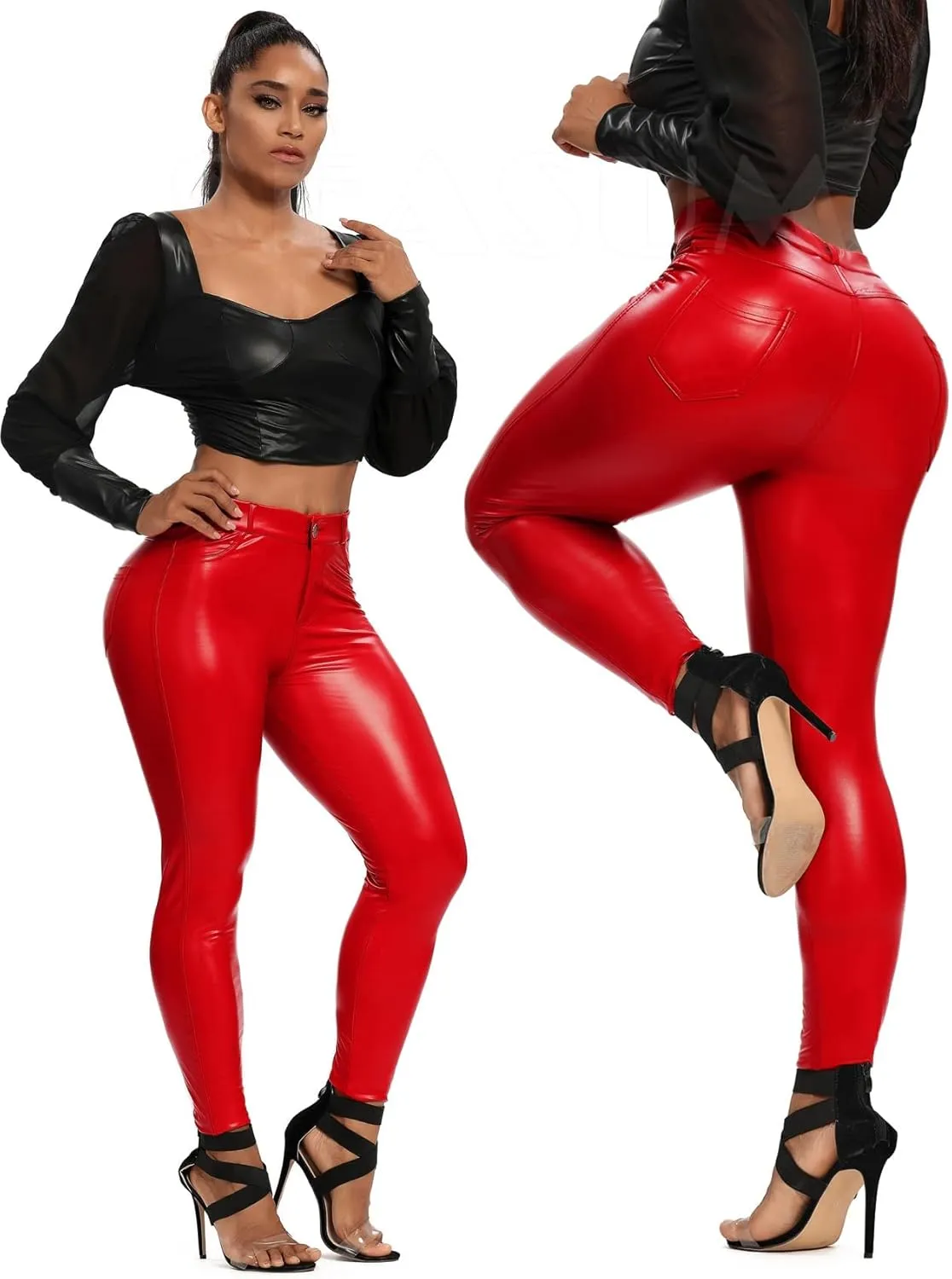 SEASUM Faux Leather Leggings for Women Stretchy High Waisted Butt Lifting Black Pleather Pants Outfit Sexy PU Leggings Tights