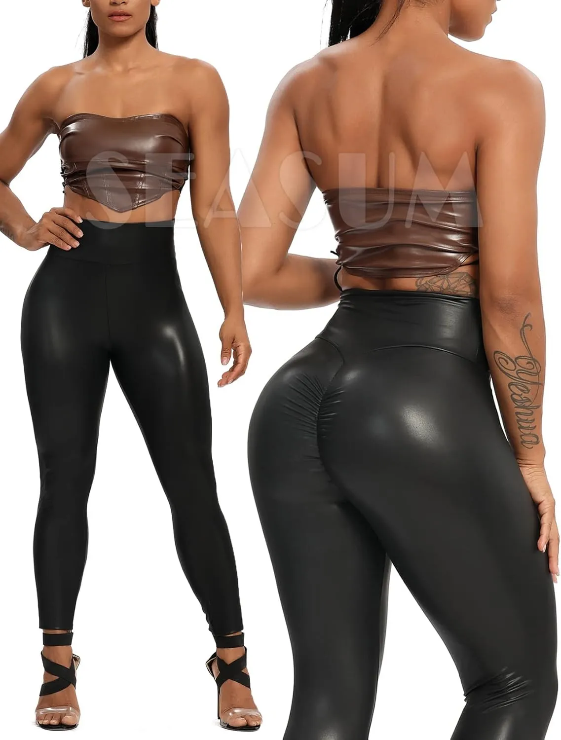 SEASUM Faux Leather Leggings for Women Stretchy High Waisted Butt Lifting Black Pleather Pants Outfit Sexy PU Leggings Tights