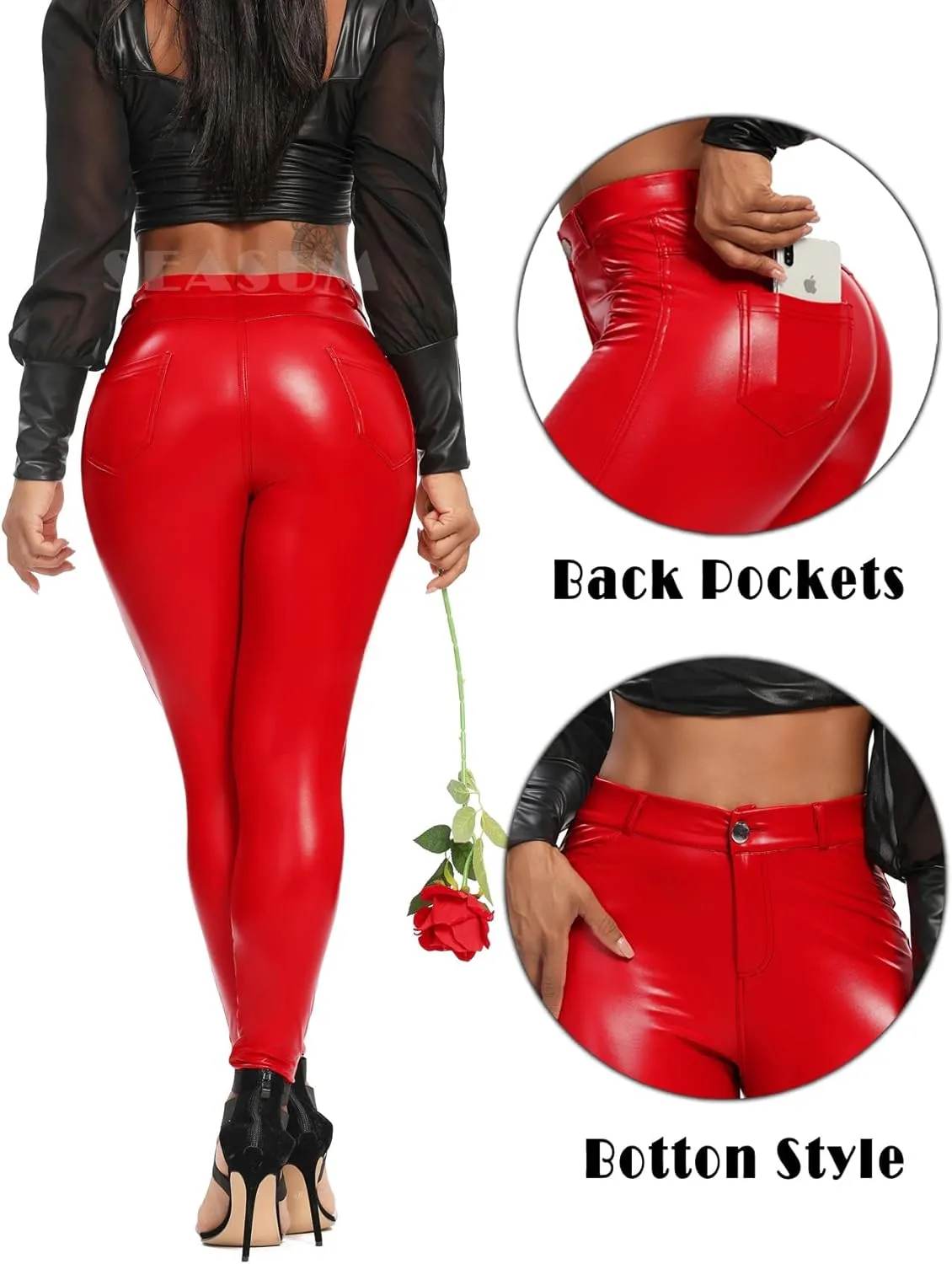 SEASUM Faux Leather Leggings for Women Stretchy High Waisted Butt Lifting Black Pleather Pants Outfit Sexy PU Leggings Tights