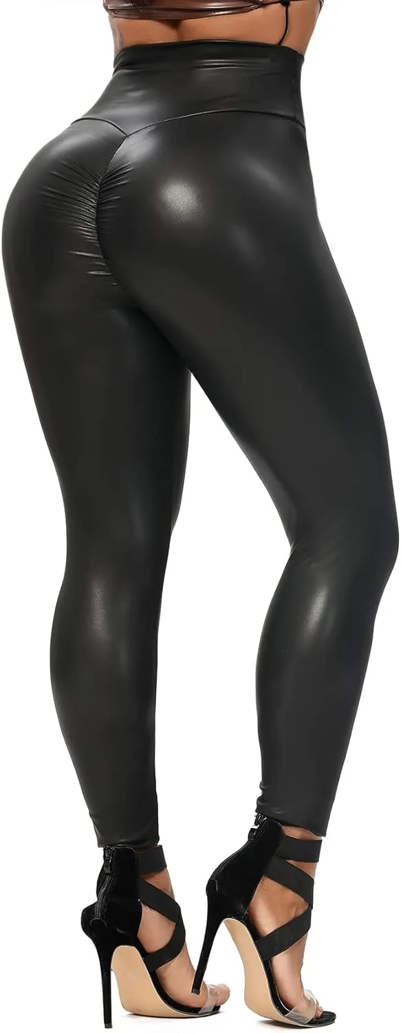 SEASUM Faux Leather Leggings for Women Stretchy High Waisted Butt Lifting Black Pleather Pants Outfit Sexy PU Leggings Tights