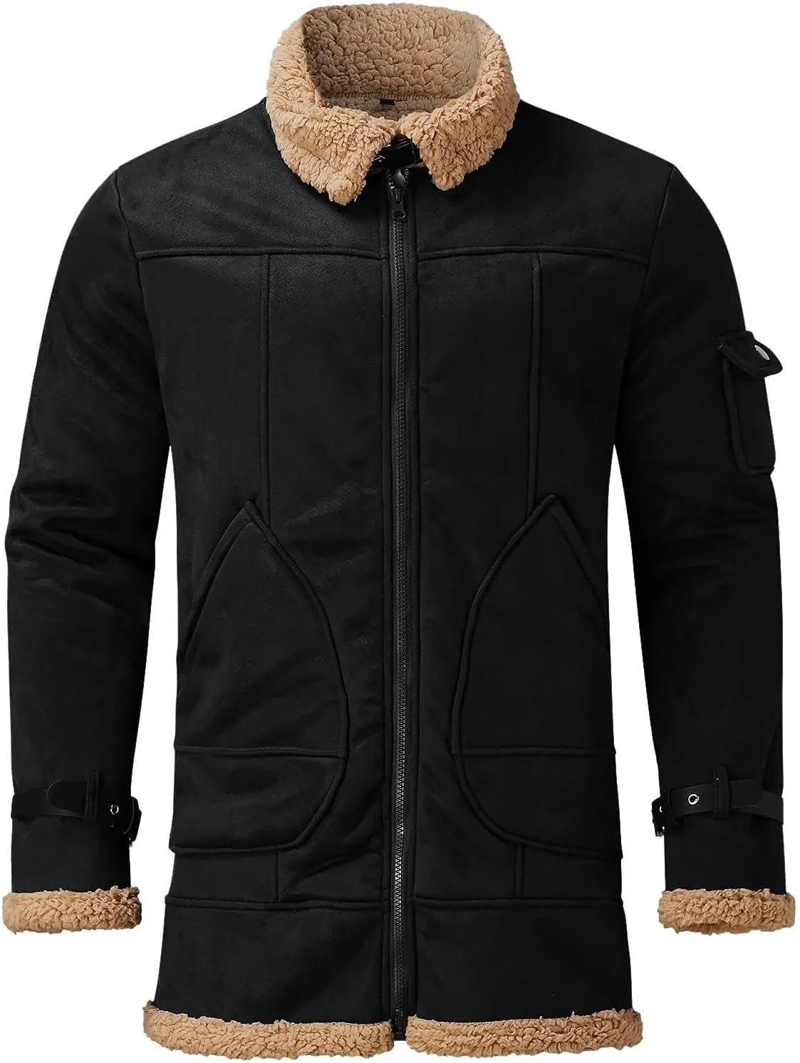 Shearling Coat Men Warm Fleece Lined Coat Aviator Shearling Sheepskin Leather Winter Jacket Lapel Work Cargo Jackets