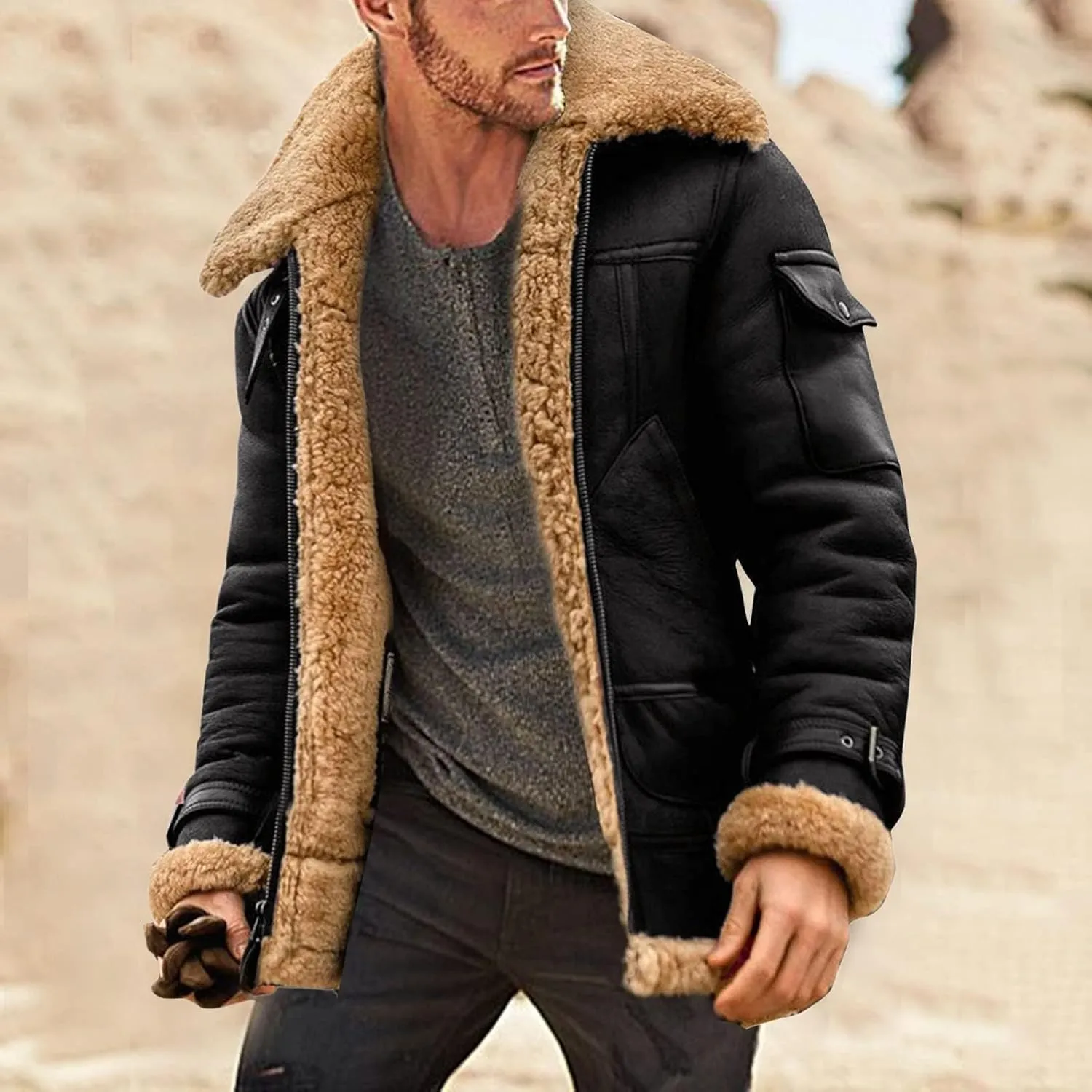 Shearling Coat Men Warm Fleece Lined Coat Aviator Shearling Sheepskin Leather Winter Jacket Lapel Work Cargo Jackets