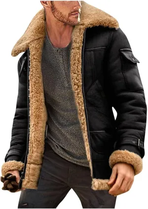 Shearling Coat Men Warm Fleece Lined Coat Aviator Shearling Sheepskin Leather Winter Jacket Lapel Work Cargo Jackets