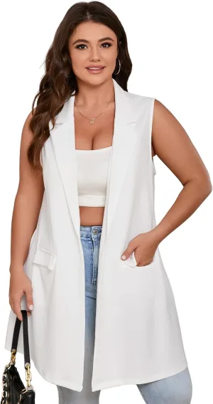 ShopWonder Women's Plus Size Sleeveless Blazer Lapel Single Button Casual Work Office Jacket Vests with Pockets