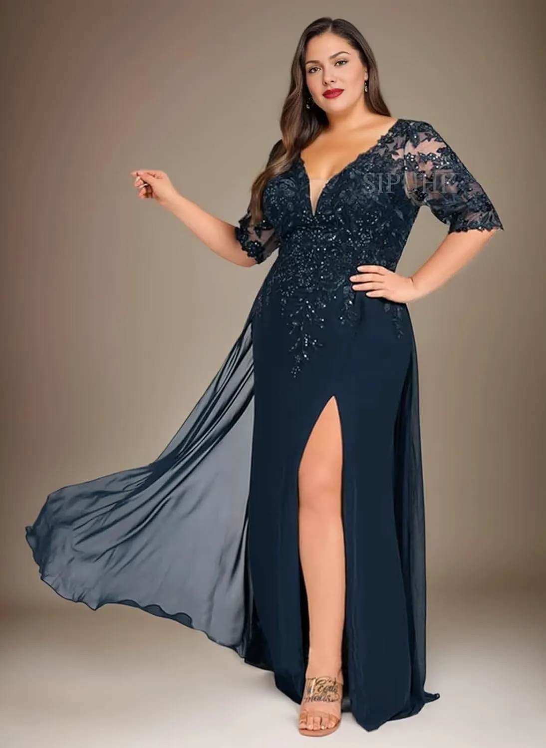 SIPUHK Sparkly Mother of The Bride Dresses for Wedding Lace Applique Chiffon Side Slit 1/2 Sleeve Long Formal Dress for Women