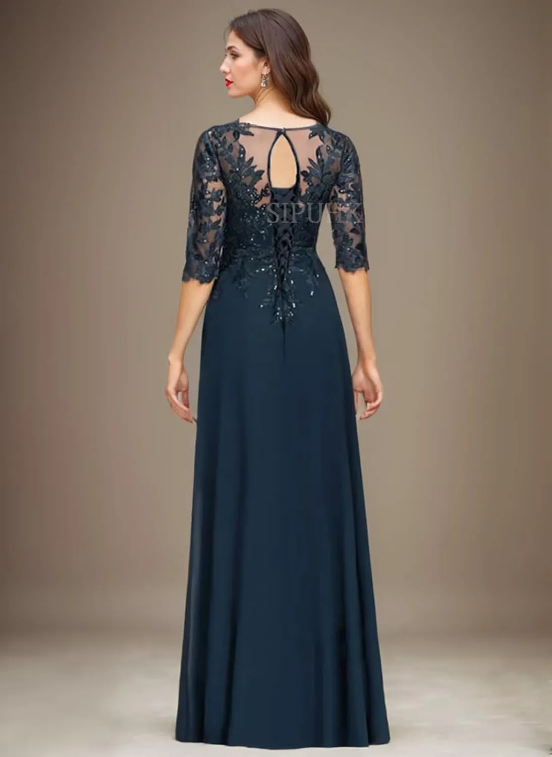 SIPUHK Sparkly Mother of The Bride Dresses for Wedding Lace Applique Chiffon Side Slit 1/2 Sleeve Long Formal Dress for Women