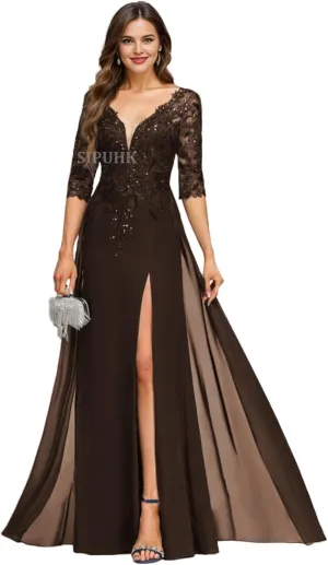 SIPUHK Sparkly Mother of The Bride Dresses for Wedding Lace Applique Chiffon Side Slit 1/2 Sleeve Long Formal Dress for Women