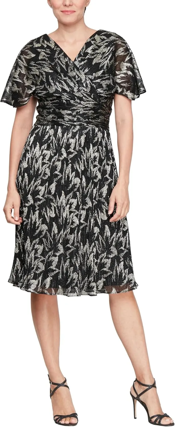 S.L. Fashions Women's Short Sleeve V-Neck Midi Cocktail Dress W/Ruched Waist, Wedding Guest Gown (Petite and Regular Sizes)