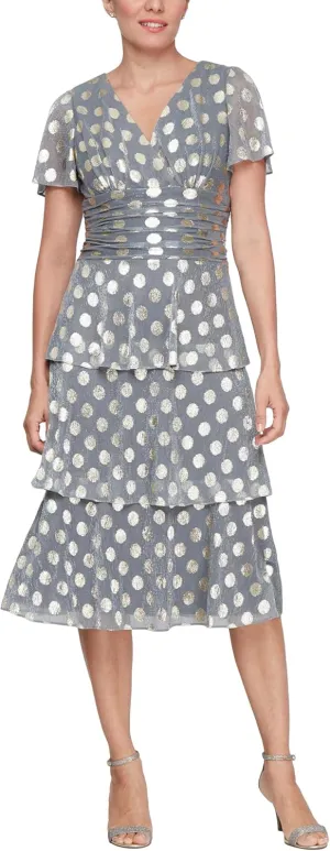 S.L. Fashions Women's Short Sleeve V-Neck Midi Cocktail Dress W/Ruched Waist, Wedding Guest Gown (Petite and Regular Sizes)
