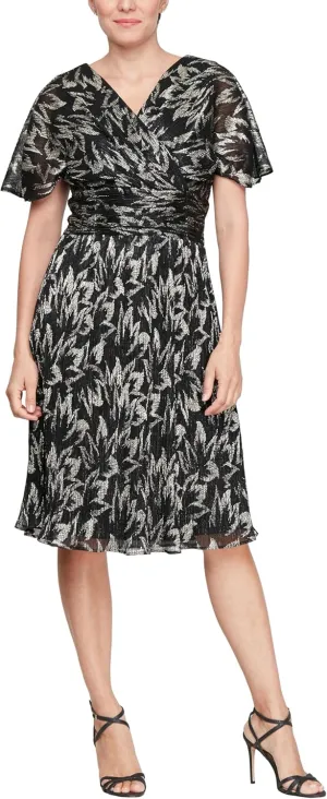 S.L. Fashions Women's Short Sleeve V-Neck Midi Cocktail Dress W/Ruched Waist, Wedding Guest Gown (Petite and Regular Sizes)