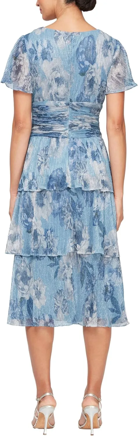 S.L. Fashions Women's Short Sleeve V-Neck Midi Cocktail Dress W/Ruched Waist, Wedding Guest Gown (Petite and Regular Sizes)