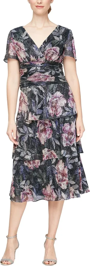 S.L. Fashions Women's Short Sleeve V-Neck Midi Cocktail Dress W/Ruched Waist, Wedding Guest Gown (Petite and Regular Sizes)