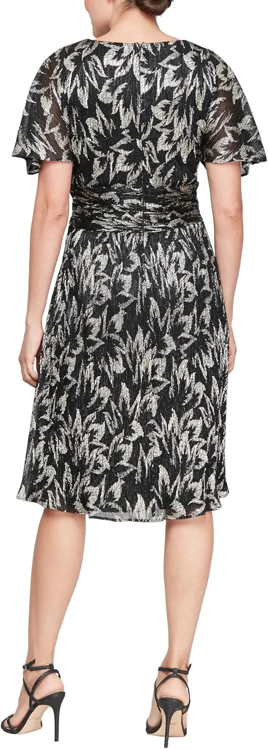 S.L. Fashions Women's Short Sleeve V-Neck Midi Cocktail Dress W/Ruched Waist, Wedding Guest Gown (Petite and Regular Sizes)