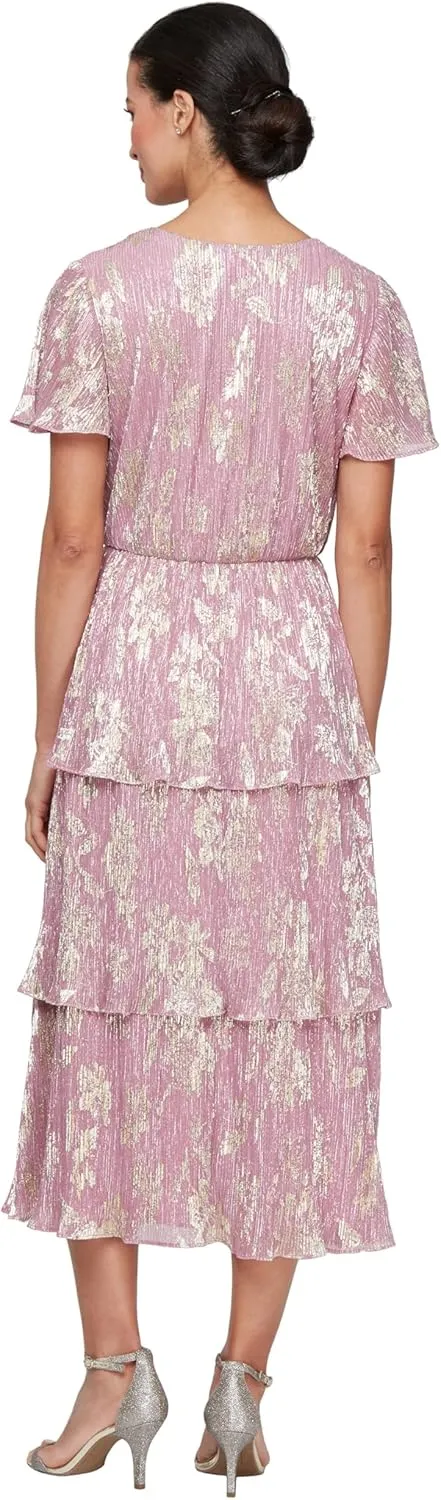 S.L. Fashions Women's Short Sleeve V-Neck Midi Cocktail Dress W/Ruched Waist, Wedding Guest Gown (Petite and Regular Sizes)
