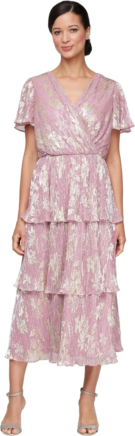 S.L. Fashions Women's Short Sleeve V-Neck Midi Cocktail Dress W/Ruched Waist, Wedding Guest Gown (Petite and Regular Sizes)