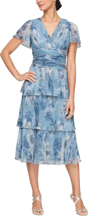 S.L. Fashions Women's Short Sleeve V-Neck Midi Cocktail Dress W/Ruched Waist, Wedding Guest Gown (Petite and Regular Sizes)