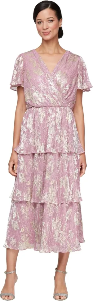 S.L. Fashions Women's Short Sleeve V-Neck Midi Cocktail Dress W/Ruched Waist, Wedding Guest Gown (Petite and Regular Sizes)