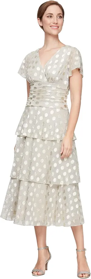 S.L. Fashions Women's Short Sleeve V-Neck Midi Cocktail Dress W/Ruched Waist, Wedding Guest Gown (Petite and Regular Sizes)