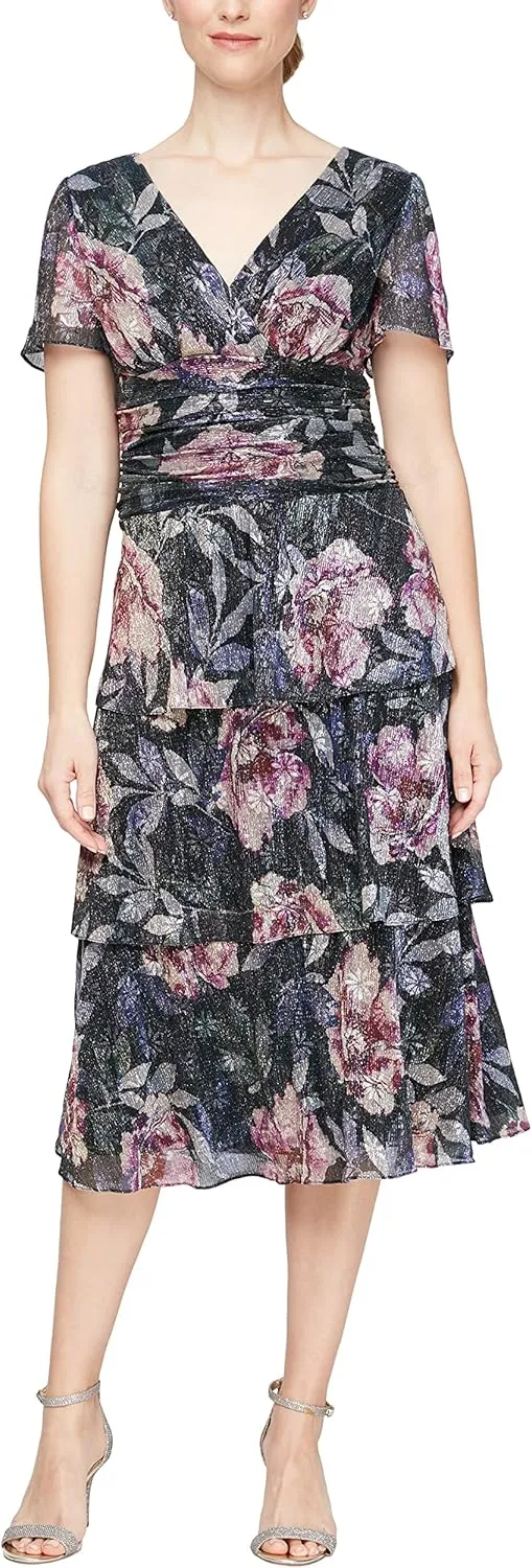 S.L. Fashions Women's Short Sleeve V-Neck Midi Cocktail Dress W/Ruched Waist, Wedding Guest Gown (Petite and Regular Sizes)