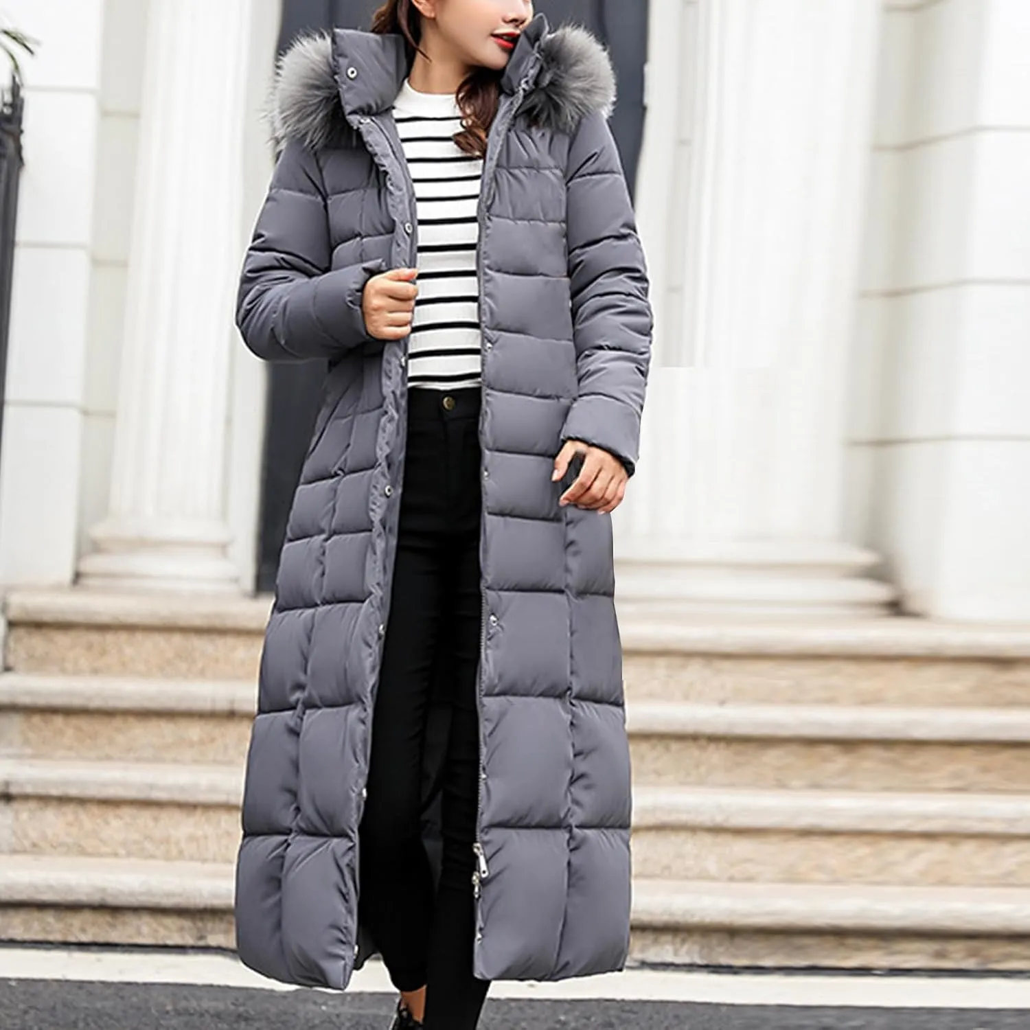 SMIDOW Womens Fashion Hooded Coat 2023 Quilted Long Puffer Jackets Waterproof Warm Winter Maxi Length Parka Coats