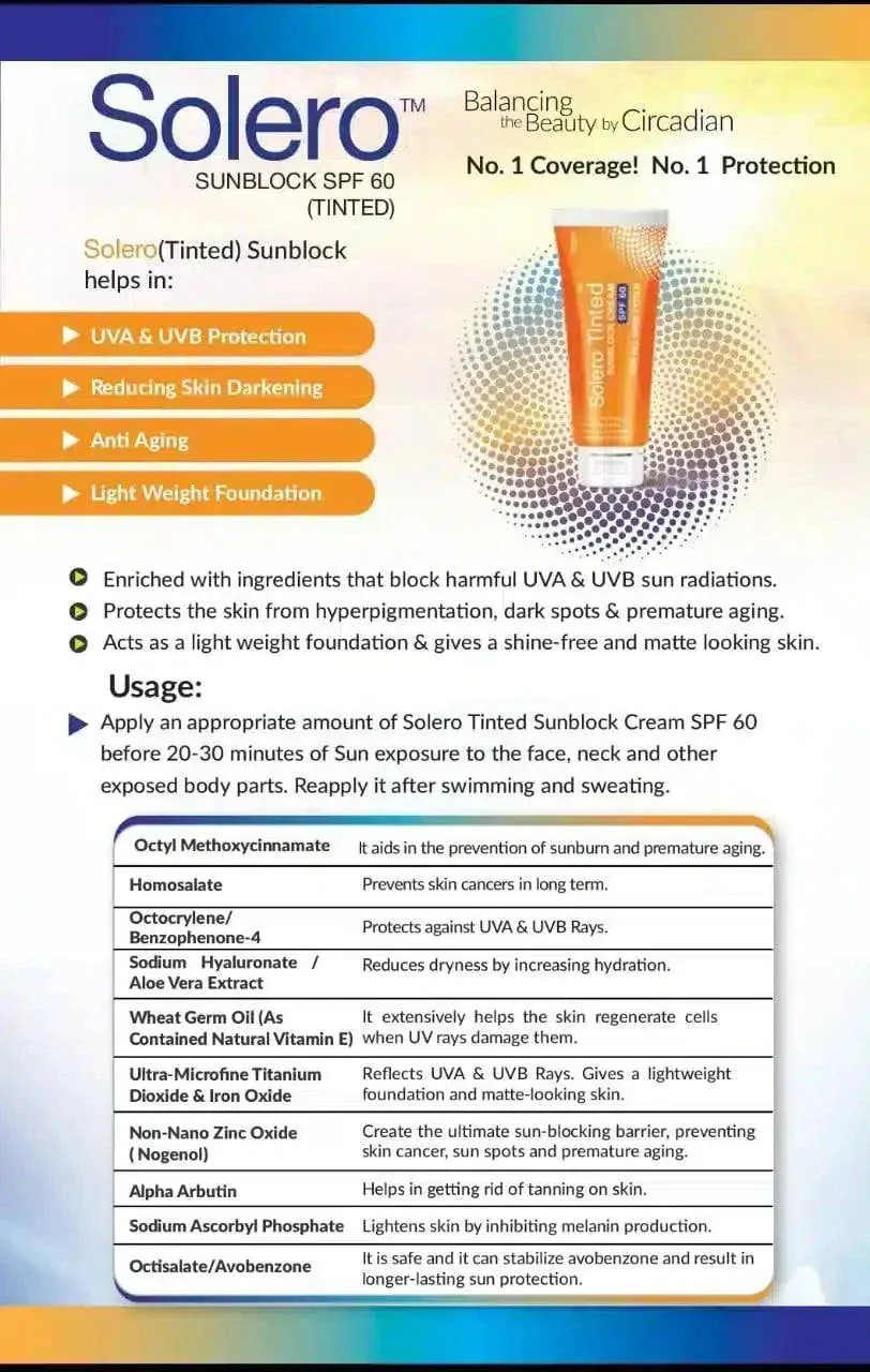 Solero Sunblock SPF 60 (Tinted) - Broad Spectrum UVA/UVB Protection & Radiant Skin | Dermatologists.pk