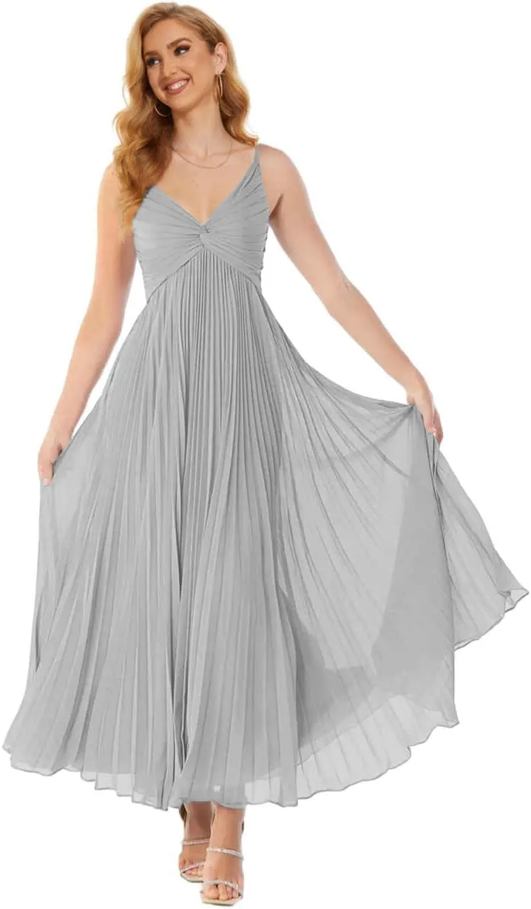 Spaghetti Straps Bridesmaid Dresses for Women Chiffon Ruched Formal Dress V Neck Evening Party Gown