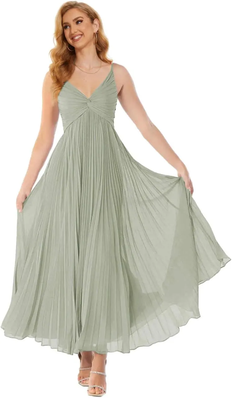 Spaghetti Straps Bridesmaid Dresses for Women Chiffon Ruched Formal Dress V Neck Evening Party Gown