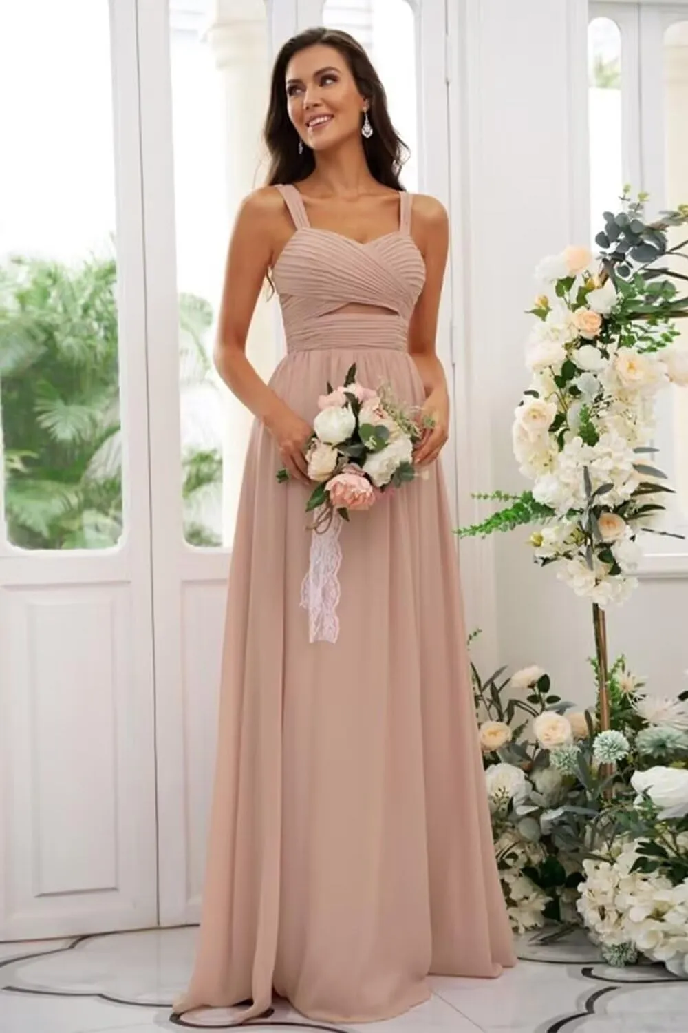 Spaghetti Straps Bridesmaid Dresses for Women with Slit Chiffon Long Formal Evening Dress for Wedding
