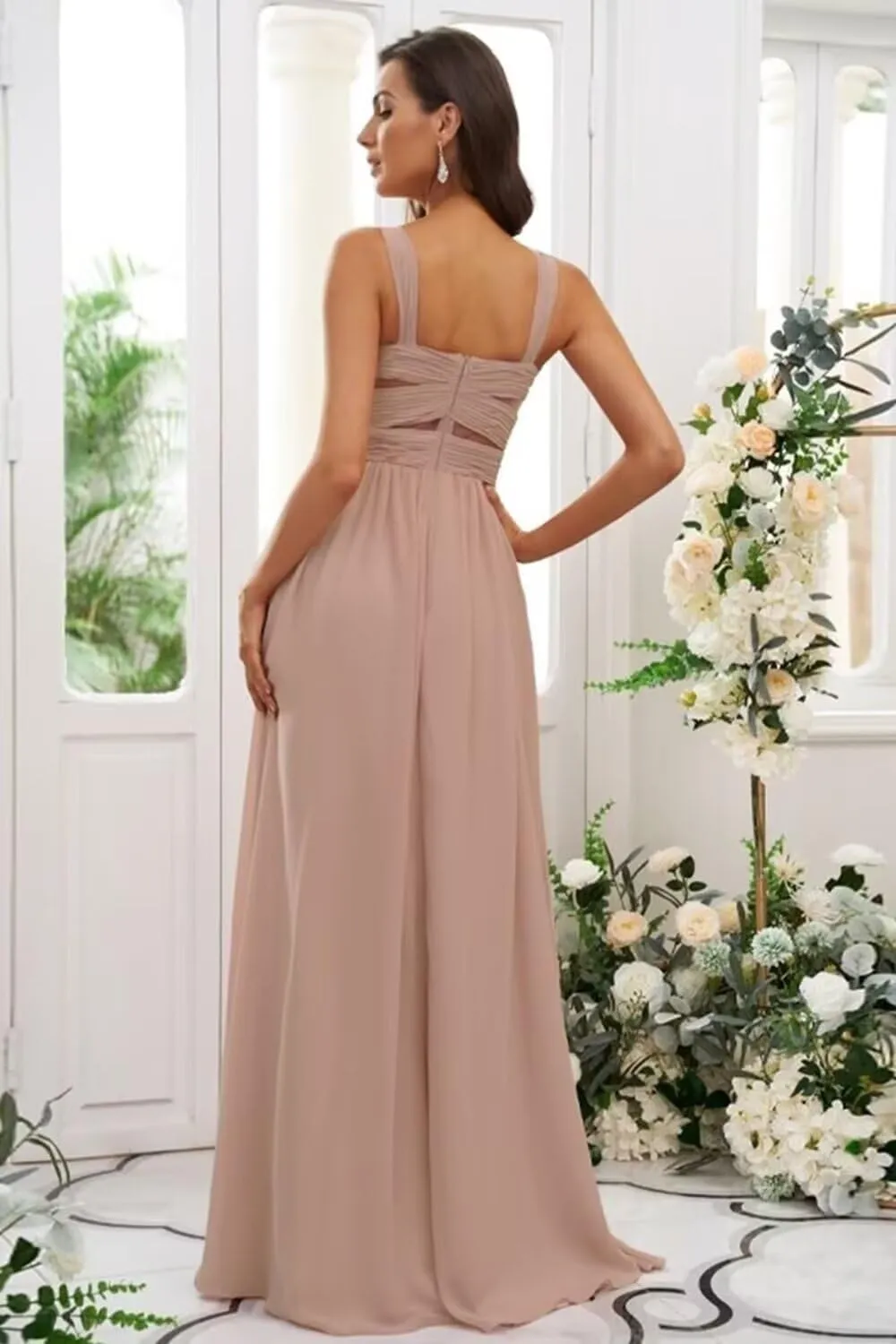 Spaghetti Straps Bridesmaid Dresses for Women with Slit Chiffon Long Formal Evening Dress for Wedding