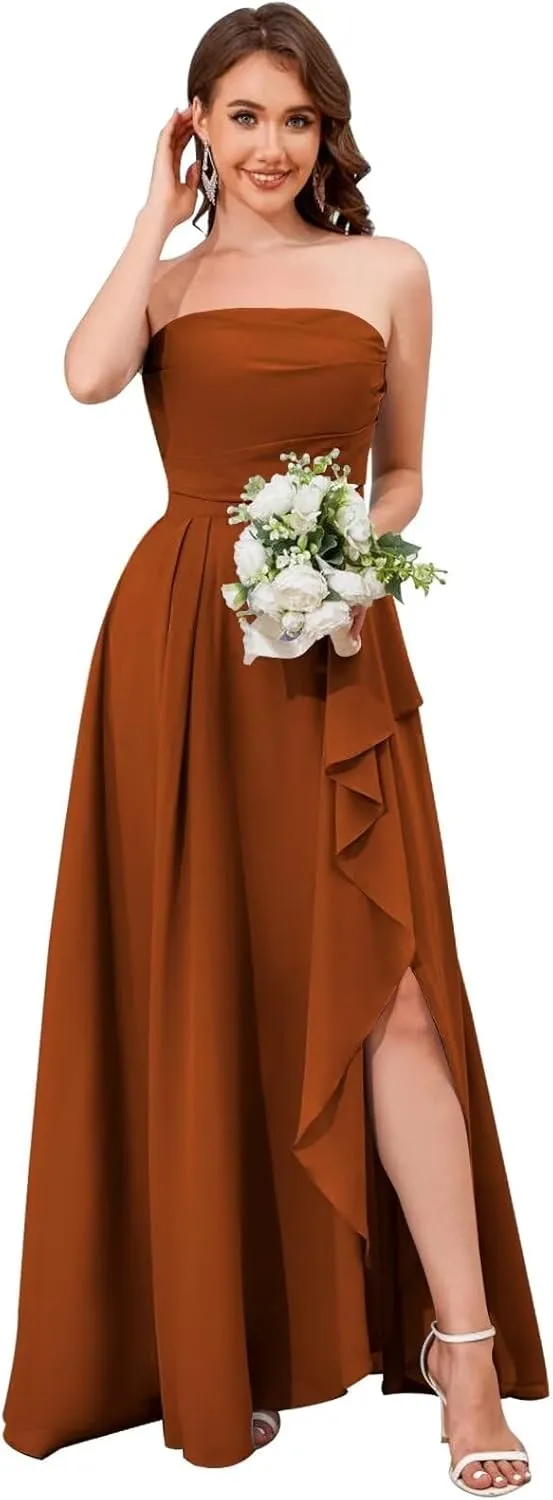 Strapless Chiffon Bridesmaid Dresses for Women Detachable Straps Ruffle Formal Evening Gowns with Slit
