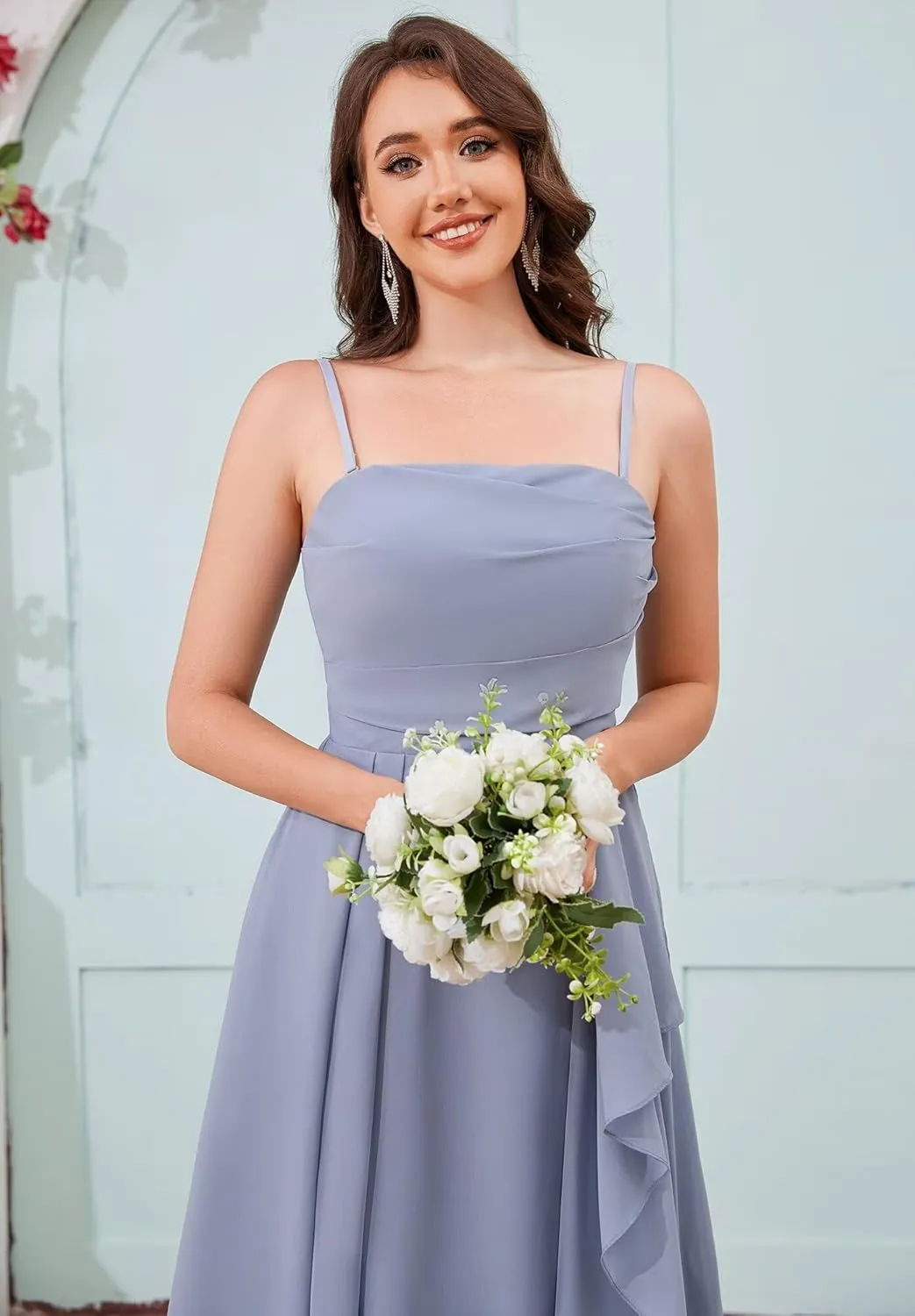 Strapless Chiffon Bridesmaid Dresses for Women Detachable Straps Ruffle Formal Evening Gowns with Slit