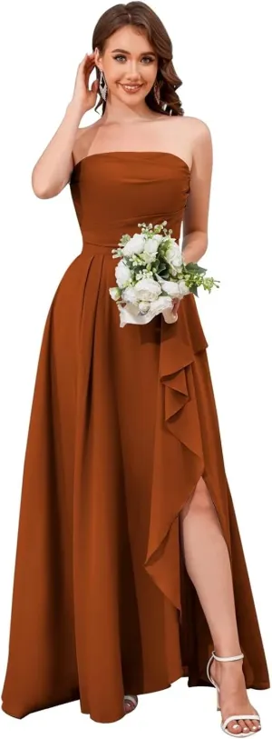 Strapless Chiffon Bridesmaid Dresses for Women Detachable Straps Ruffle Formal Evening Gowns with Slit