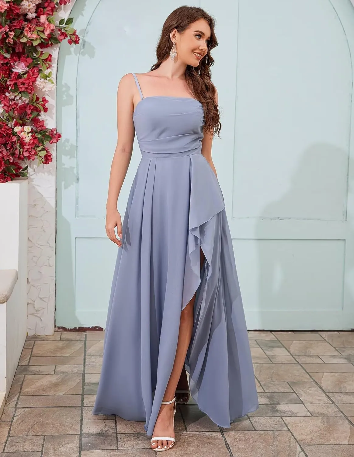 Strapless Chiffon Bridesmaid Dresses for Women Detachable Straps Ruffle Formal Evening Gowns with Slit