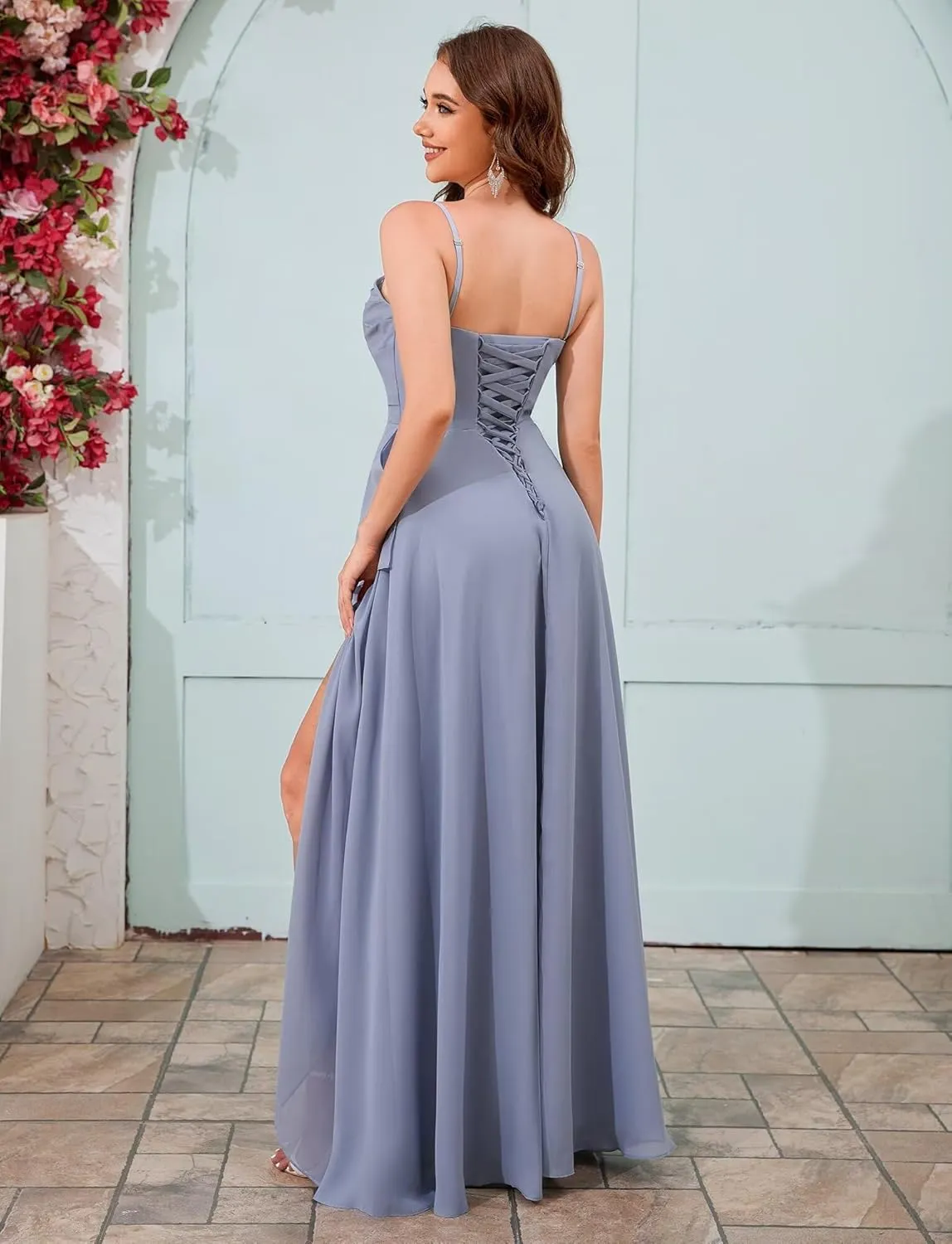 Strapless Chiffon Bridesmaid Dresses for Women Detachable Straps Ruffle Formal Evening Gowns with Slit