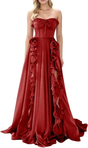 Strapless Prom Dresses for Women 2025 with Slit Long Ball Gown A-Line Ruffles Chiffon Formal Evening Dress