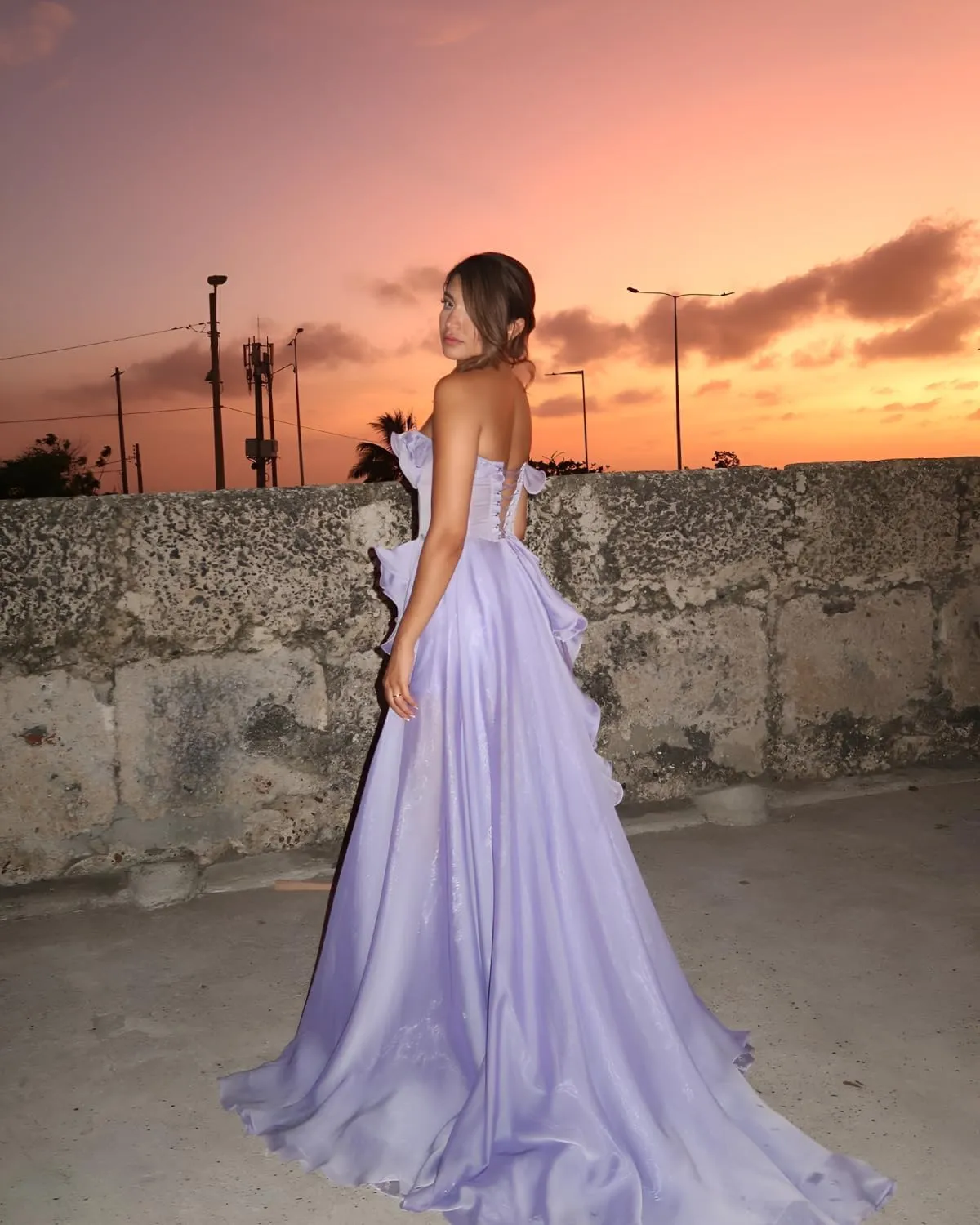 Strapless Prom Dresses for Women 2025 with Slit Long Ball Gown A-Line Ruffles Chiffon Formal Evening Dress