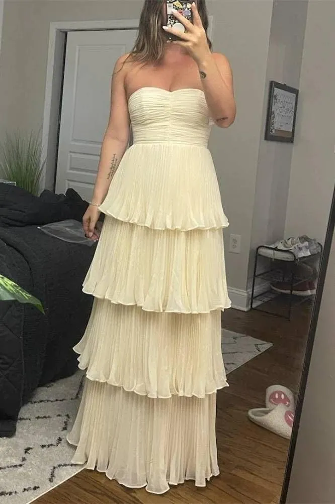 Strapless Prom Dresses for Women Ruffle Tiered Chiffon Formal Evening Gown Bridesmaid Dress ZX21
