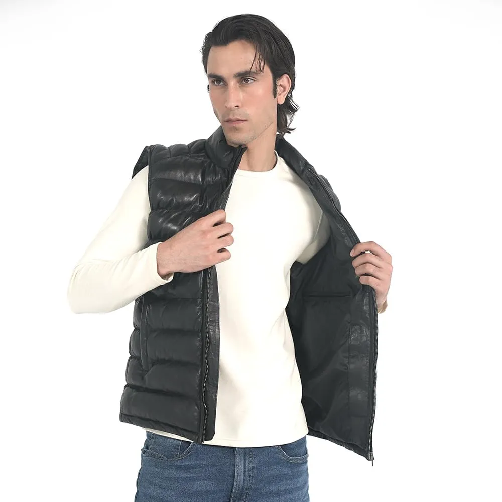 STREGA Puffer Vest Men Real Lambskin Leather Quilted Down Waistcoat Jacket - Outdoor Sleeveless Mens Vests